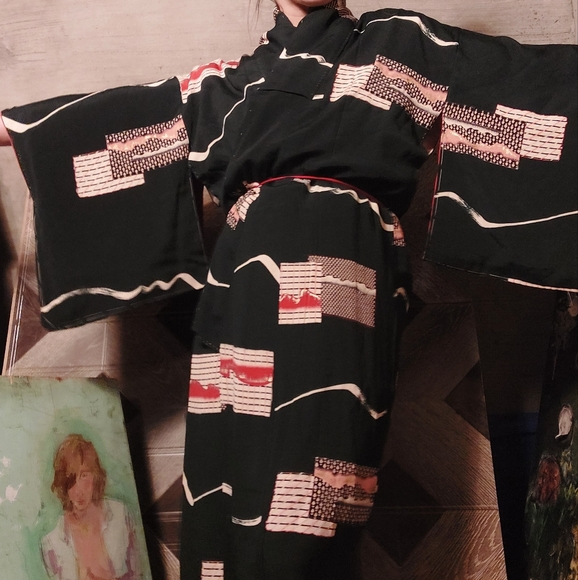 1940's - 50's abstract geometric Japanese silk kimono - Picture 7 of 15